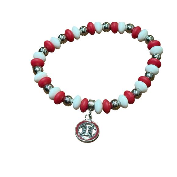 Rustic Cuff Red, White , & Silver Beads Stretch Bracelet Stackable logo charm - Picture 1 of 12